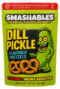 Packaging of Smashables Dill Pickle flavored pretzels with a cartoon character on a green background.