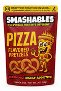 Smashables Pizza Flavored Pretzels packaging with cartoon character on a red background