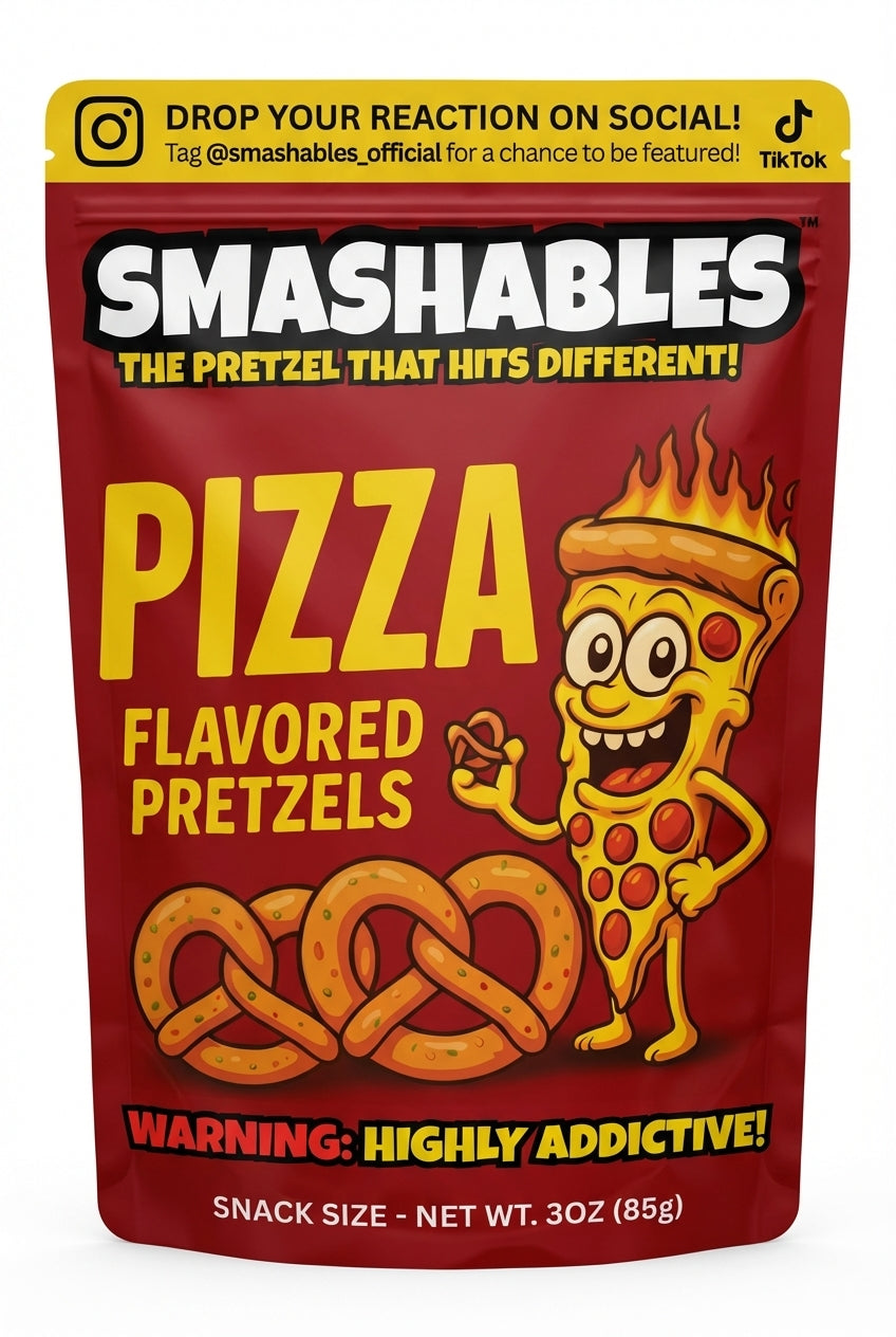 Smashables Pizza Flavored Pretzels packaging with cartoon character on a red background
